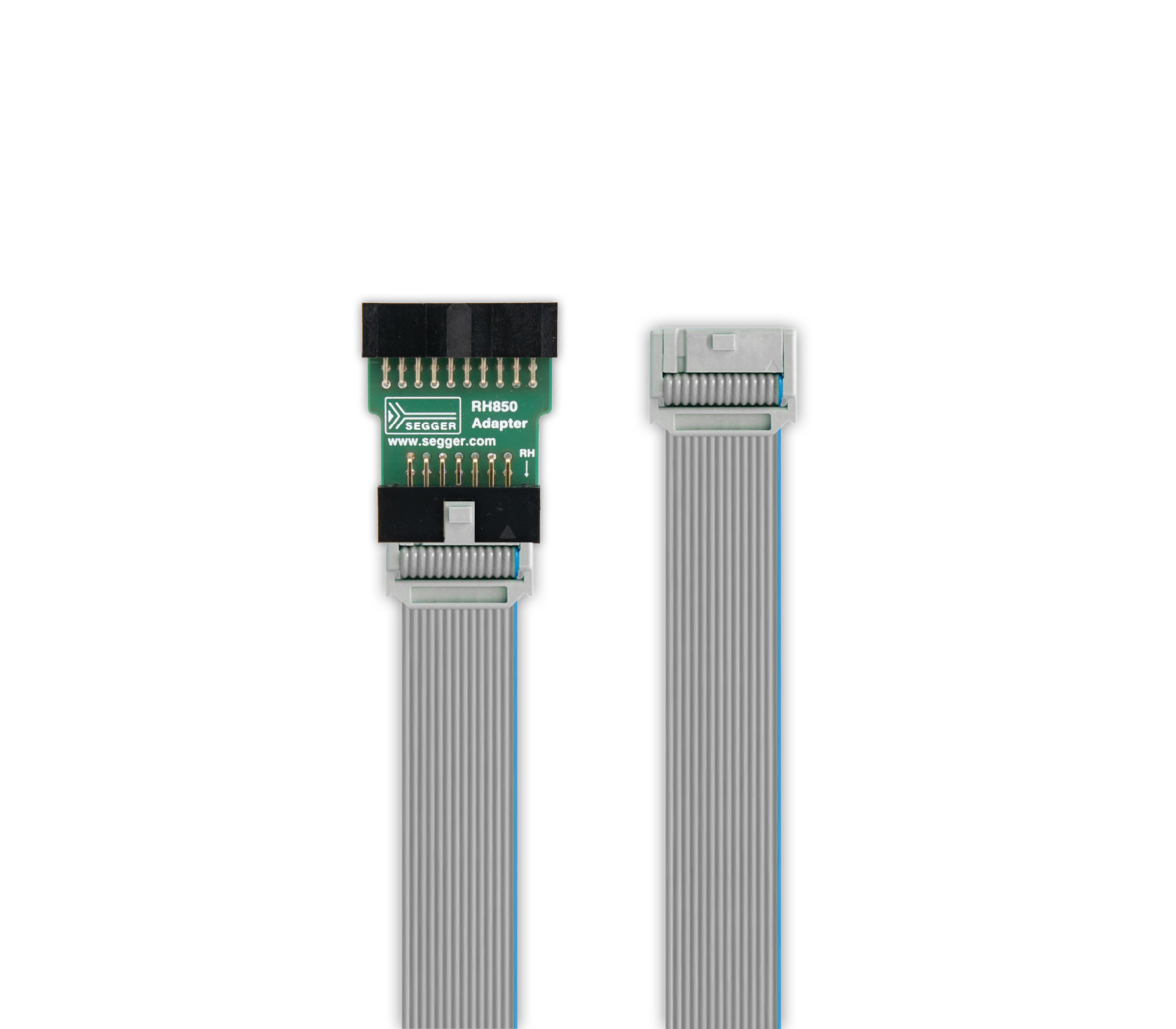 A segmented ribbon cable adapter is shown, featuring a green circuit board labeled "RH850 Adapter" on one end and a gray connector on the other. The adapter has pins arranged on the circuit board, designed for connecting devices in a technical setup.