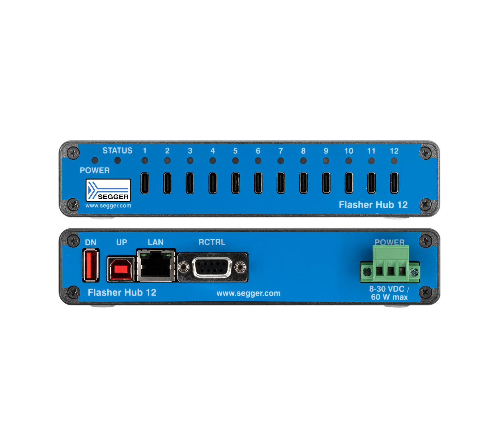 Image of a blue electronic device labeled "Flasher Hub 12." The front features status LEDs and multiple connection ports. The back shows additional ports for power, LAN, and control functions. The device is designed for programming or flashing multiple targets simultaneously.