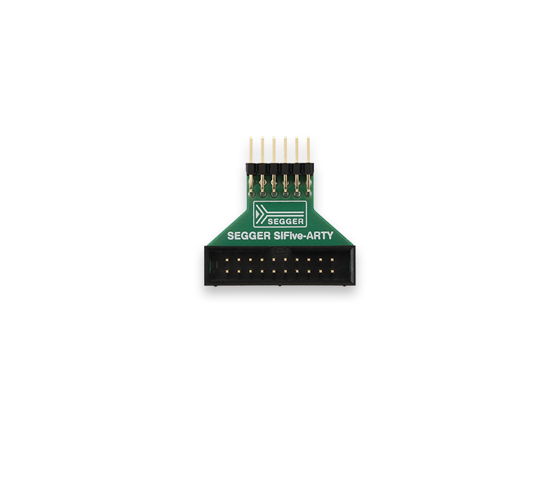 Image features a SEGGER SIFive-ARTY programming adapter. The adapter has a green circuit board with multiple gold pins at the top and a black connector at the bottom, designed for interfacing with development boards. It is shown from a frontal view against a plain background.