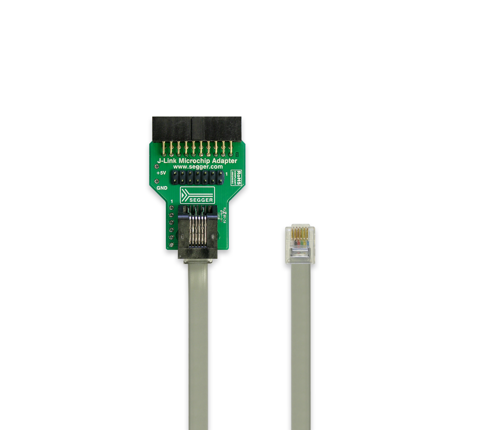 Image of a J-Link Microchip Adapter. The adapter features a green circuit board with pins and markings, connected to a gray cable ending in a small rectangular connector. It is used for programming or debugging microcontrollers.