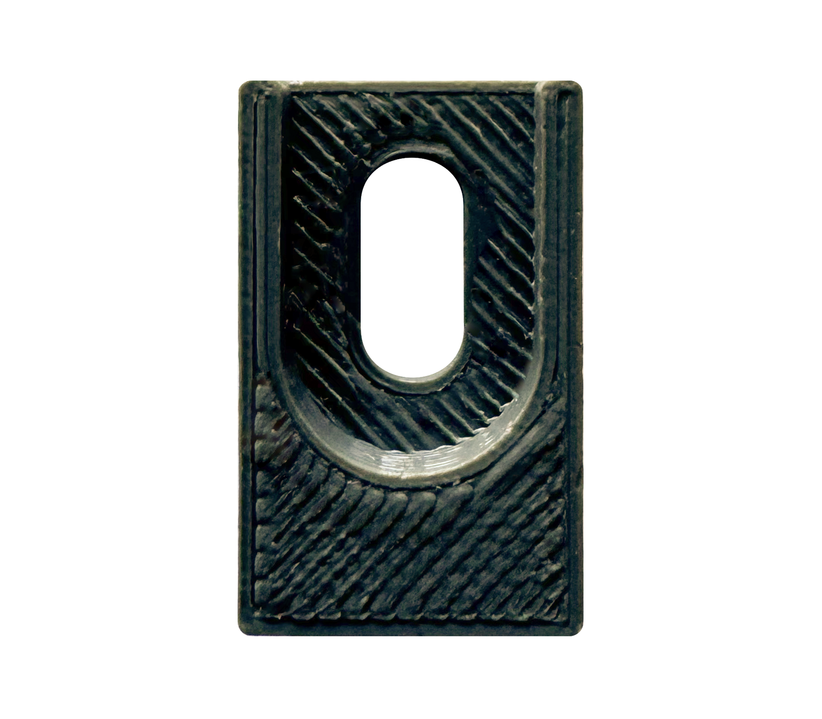 A black, rectangular piece of rubber with a textured surface and a cylindrical opening at the center. The shape resembles a mounting bracket or fixture, commonly used in various mechanical applications.