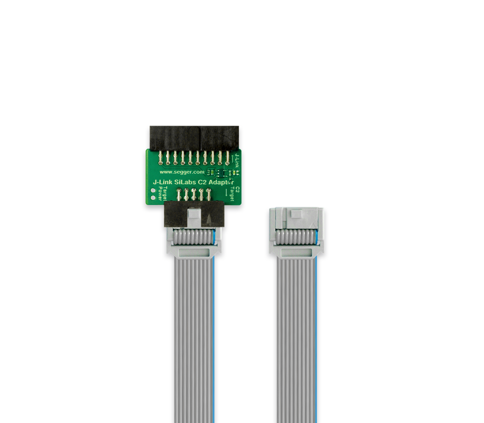 An electronic adapter labeled "J-Link SiLabs C2 Adapter" connects two ribbon cables. One end features a printed green circuit board with pins, while the other end has a connector housing. The image showcases the adapter's design and functional connections.