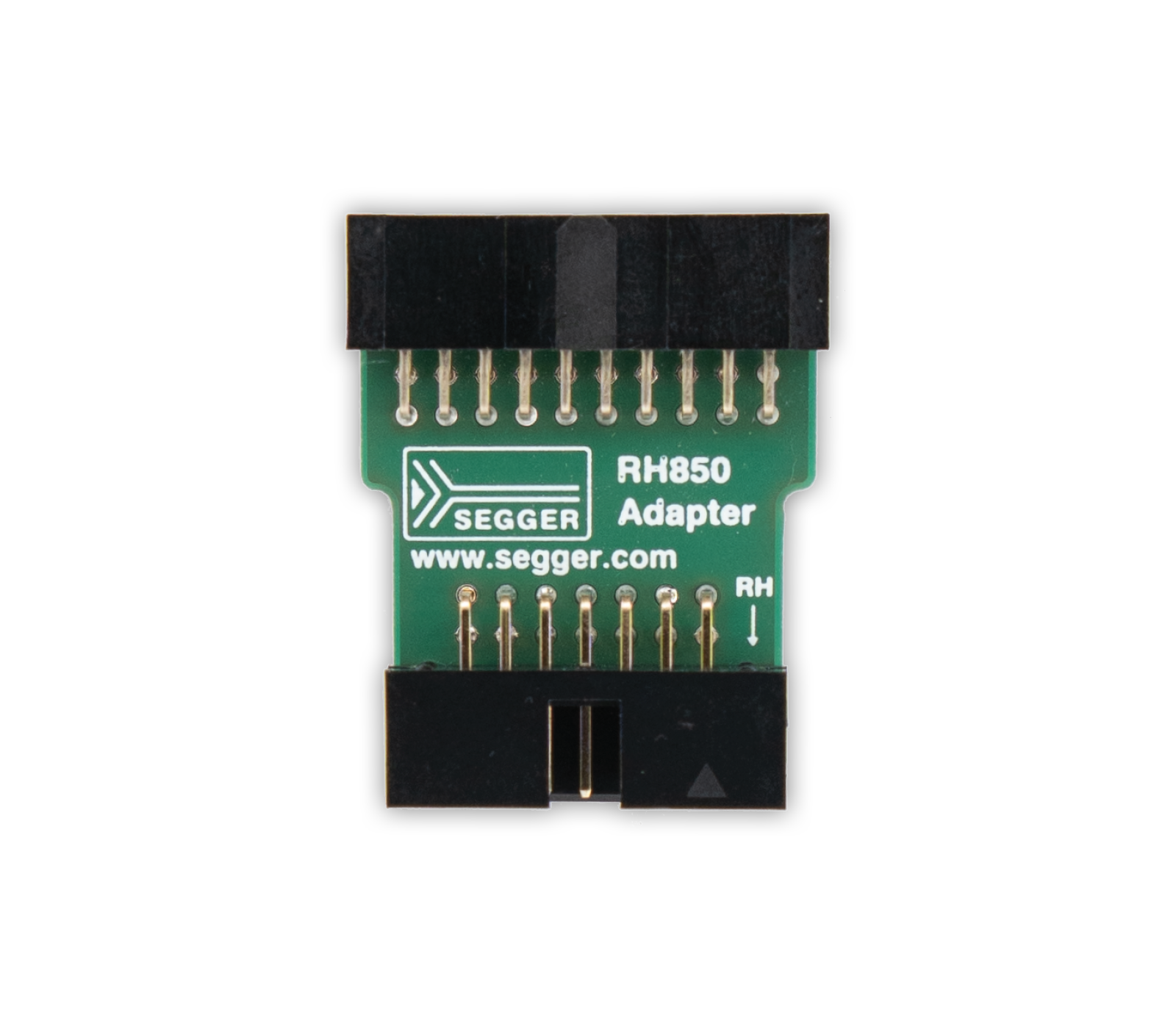 Image features a SEGGER RH850 adapter, showcasing a green printed circuit board with gold contacts. The adapter is designed for connecting devices, labeled with "SEGGER," "RH850," and the website "www.segger.com." The layout includes two rows of pins and one opening on the side.
