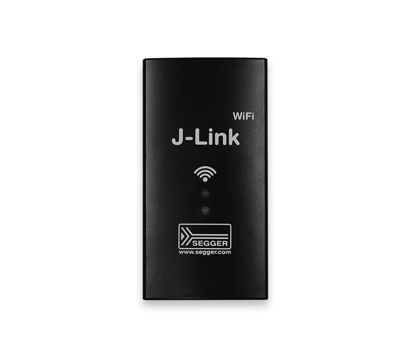 A black device labeled "J-Link WiFi" with two indicator lights and a Wi-Fi symbol. The device is used for wireless connections in embedded systems. The logo "SEGGER" is also visible at the bottom.