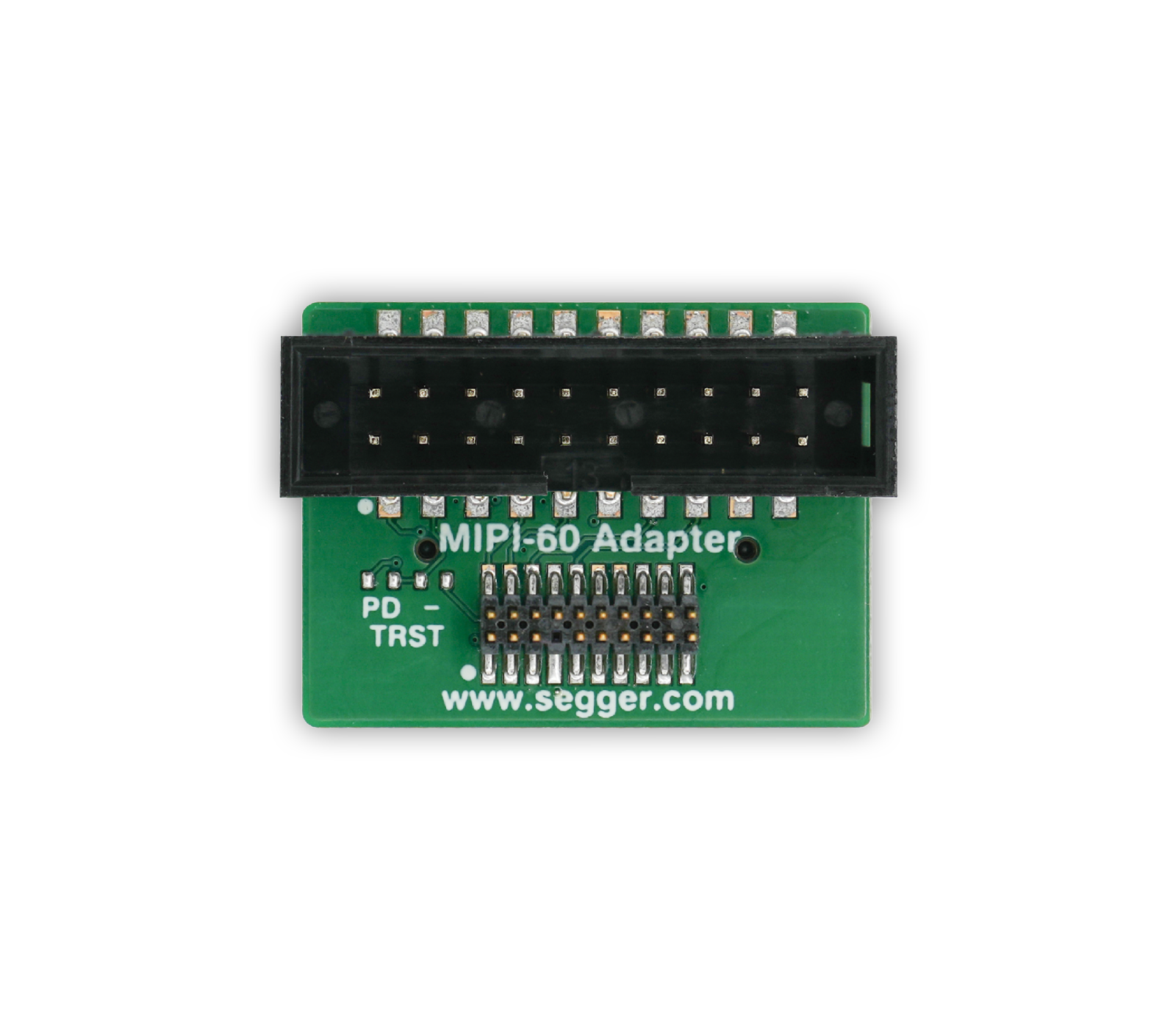 A green circuit board labeled "MIPI-60 Adapter" featuring two rows of pins for electronic connections. The top side has a rectangular black connector and includes markings for "PD" and "TRST" on the left side. Suitable for use in electronic devices.
