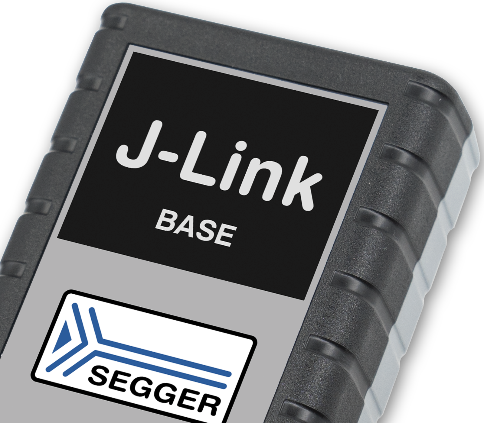 The image features a device labeled "J-Link BASE" with a grey and black design. It includes the SEGGER logo, characterized by a blue and black arrow graphic. The device is used for debugging and programming embedded systems.